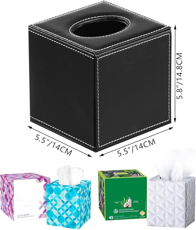 Leather Tissue Box Cover Square,Upgrade 99% Compatible Large Size,Modern Tissue Box Holder for Napkin Facial Paper,Dryer Sheet Dispenser Organizer for Bathroom Vanity Countertop,Night Stand Black