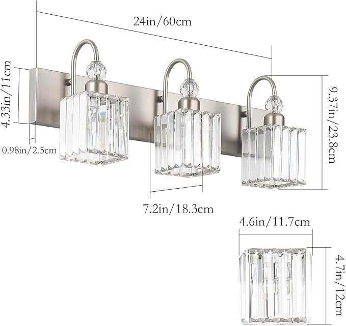 Ralbay Brushed Nickel Vanity Light for Bathroom Crystal 3-Light Modern Crystal Bathroom Light Fixtures