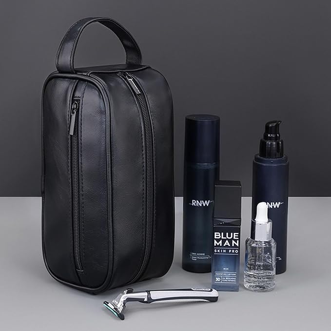 Men’s Toiletry Bag - Vintage PU Leather Kit for Travel - Water-Resistant Shaving Bag,Compact Pouch Gift for Husband, Dad (Black)