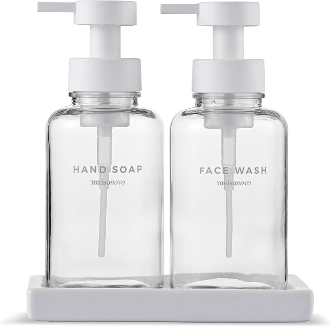 MaisoNovo Glass Foaming Soap Dispenser 14 Oz | Glass Bottles Pumps x 2 Clear with Tray