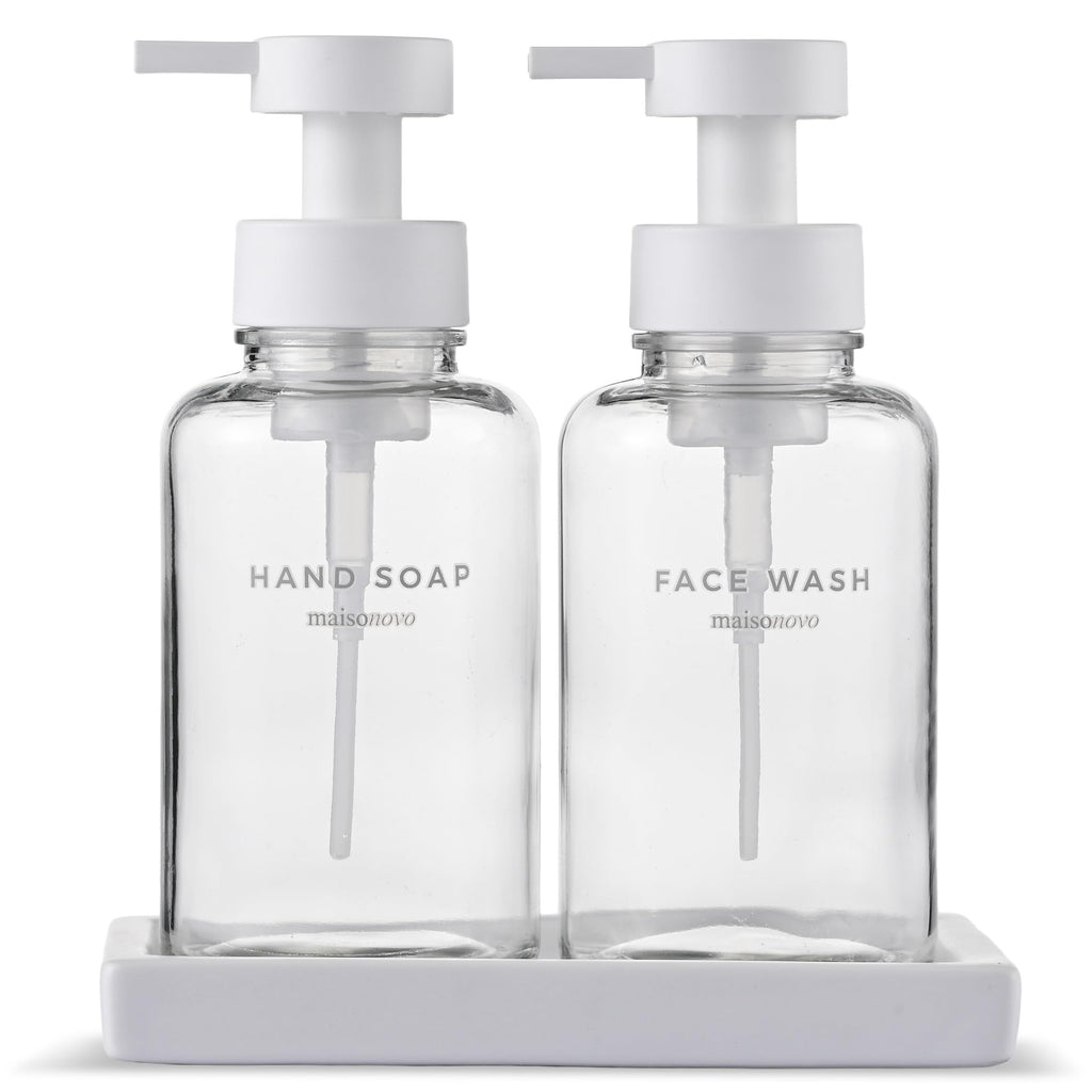 MaisoNovo Glass Foaming Soap Dispenser 14 Oz | Glass Bottles Pumps x 2 Clear with Tray