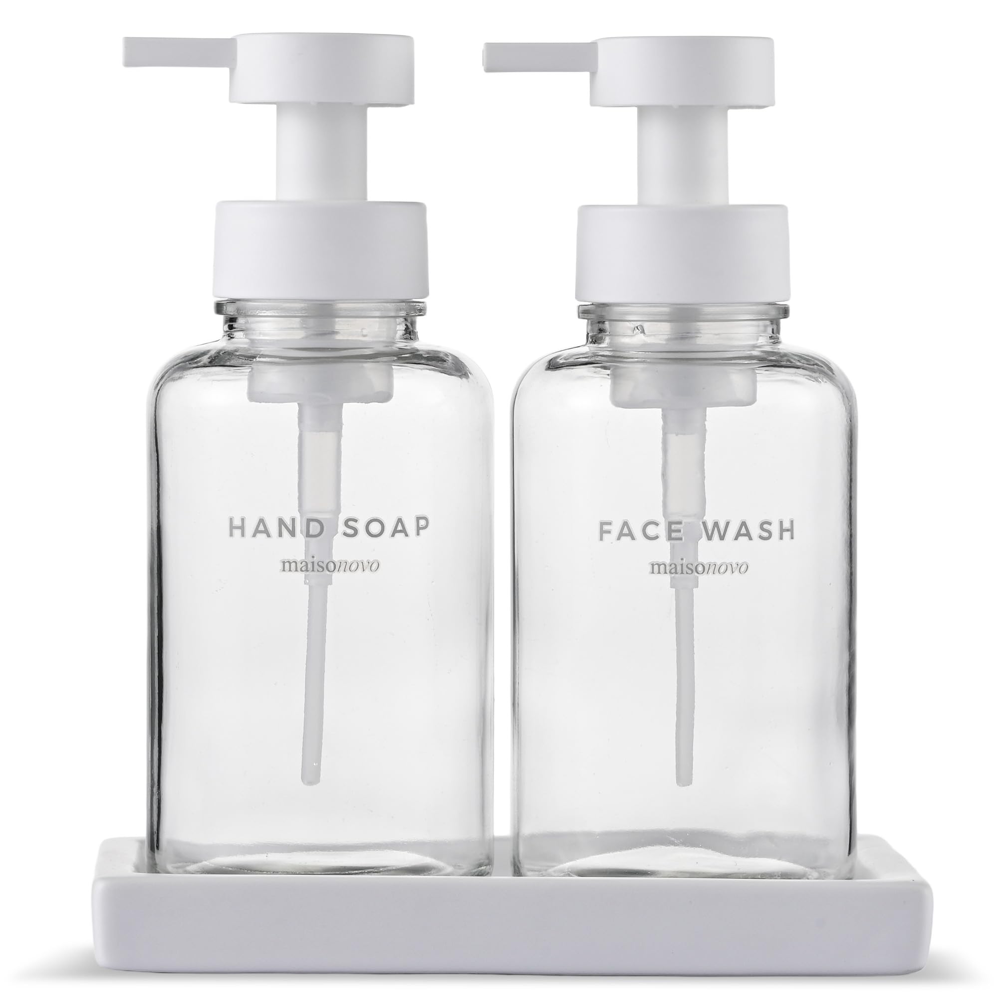 MaisoNovo Glass Foaming Soap Dispenser 14 Oz | Glass Bottles Pumps x 2 Clear with Tray