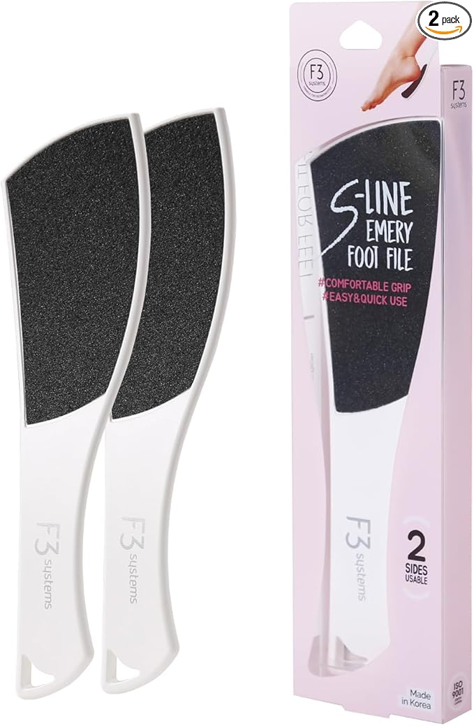 F3 Systems S-Line Emery Foot File, Colossal Double-Sided Pedicure Tool, Effective for Cracked Heel, Ergonomic Design for Easy Grip (2Pcs)