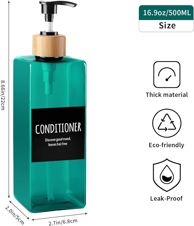 Shampoo and Body soap Dispenser, 16.9 Ounce 3-Pack Reusable Shampoo and Conditioner Bottle, pushable Bamboo Pump Empty Shampoo Bottle, Suitable for Other Bathroom scenarios (Green)