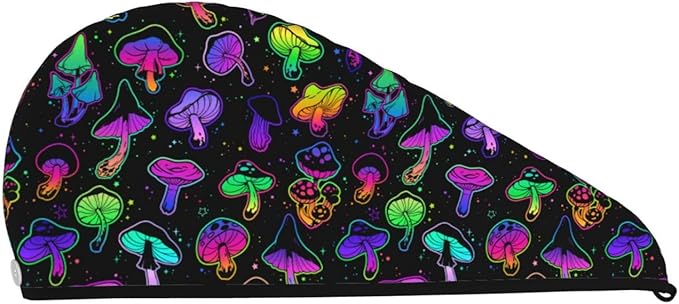 Mushrooms Hair Towel Wrap Microfiber Fast Drying Hair Turban with Buttons for Women Drying Curly, Long & Thick Hair