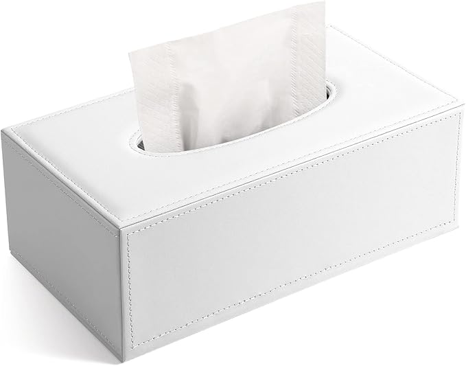 Tissue Box Cover, PU Leather Tissue Box Holder Rectangular Tissue Holders for Home/Office/Car Decoration 9.92"X5.51"X3.62" - White