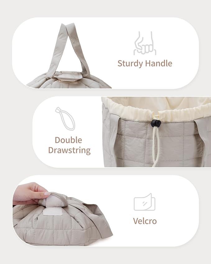 Narwey Lay Flat Open Drawstring Makeup Bag, Large Quilted Cosmetic Bag for Women Girls, Cute Make up Bags with Handle, Portable Travel Toiletry Bag for Skincare, Brushes & Travel Essentials (Khaki)