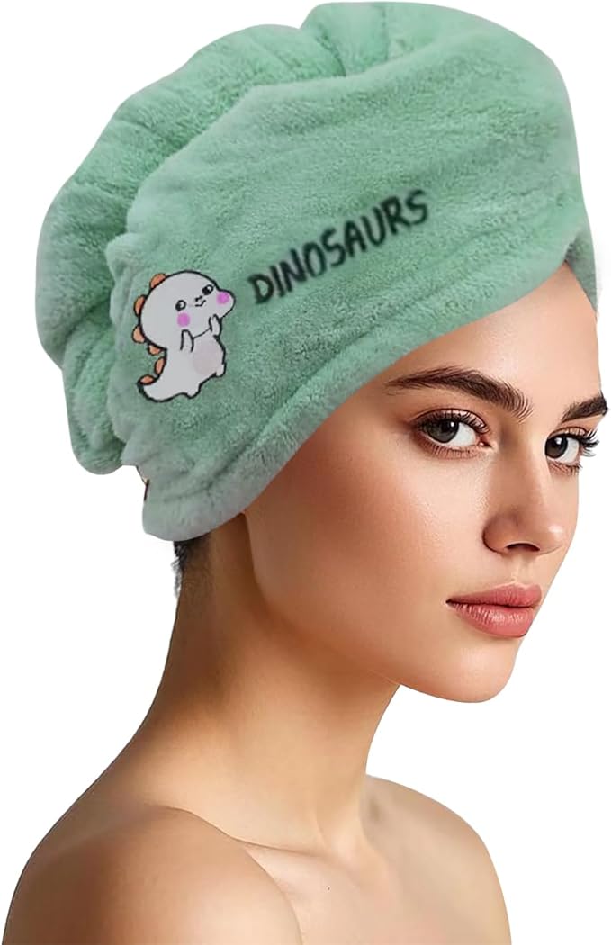 Microfiber Hair Drying Towel Wrap for Women, Hair Turbans Towel for Wet Hair,turbie Twist Hair Towels(The Color of the Picture is for Reference only) (Light Green with Polar Bear)