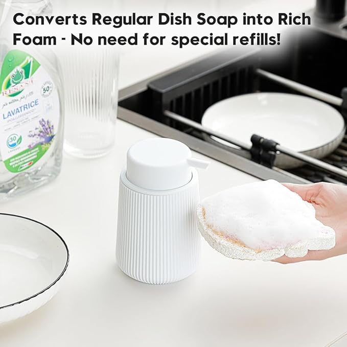 YAUKPH Striped Foaming Hand Soap Dispenser with Leak-Proof Pump for Bathroom and Kitchen Countertop 11oz White