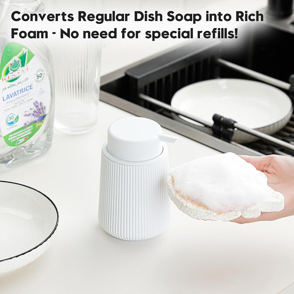 YAUKPH Striped Foaming Hand Soap Dispenser with Leak-Proof Pump for Bathroom and Kitchen Countertop 11oz White