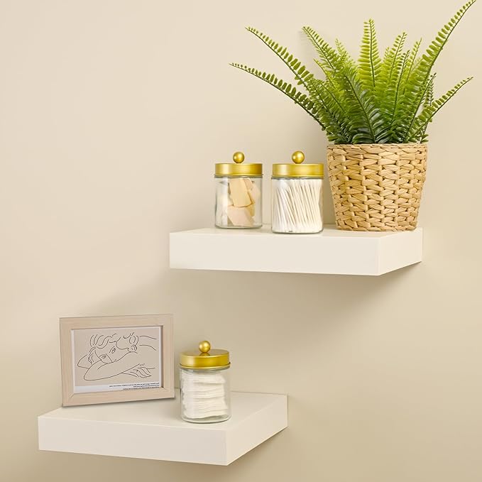 SheeChung Qtip Dispenser Holder 4pcs, Glass Apothecary Jars with Gold Stainless Steel Lids &Stickers, Countertop Canister Guest Bathroom Storage Organizer Set for Cotton Swabs/Balls/Pads, Floss Picks
