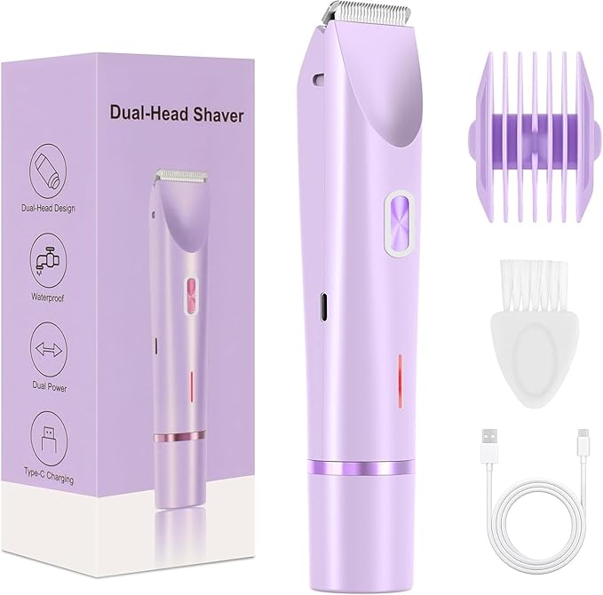 Bikini Trimmer for Women Dual Head,Painless Electric Razors,Bikini Shaver for Pubic Hair, Face, Legs(Lavender Purple)