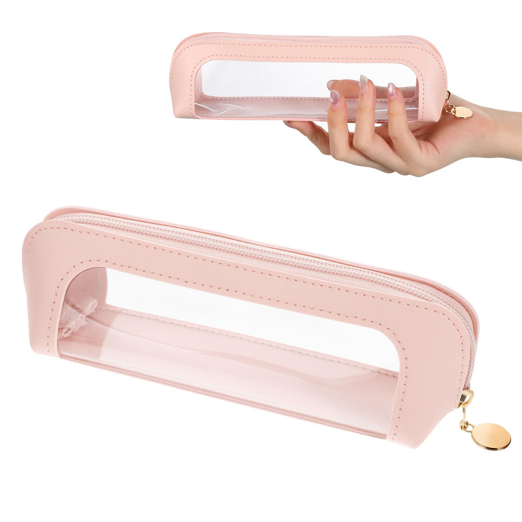 Lusofie Small Clear Makeup Bag, PU Leather Makeup Brush Bag, Portable Clear Make-Up Brush Pouch with Zipper, Multi-use Cosmetic Organizer Bags for Women (Pink)