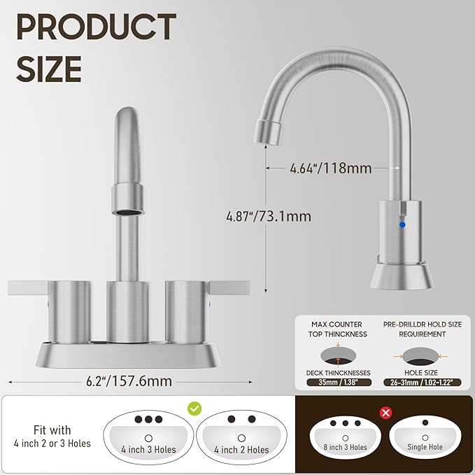 Phiestina Brushed Nickel 4 Inch 2 Handle Centerset Lead-Free Bathroom Sink Faucet, with Copper Pop Up Drain and Water Supply Lines,BF015-1-BN