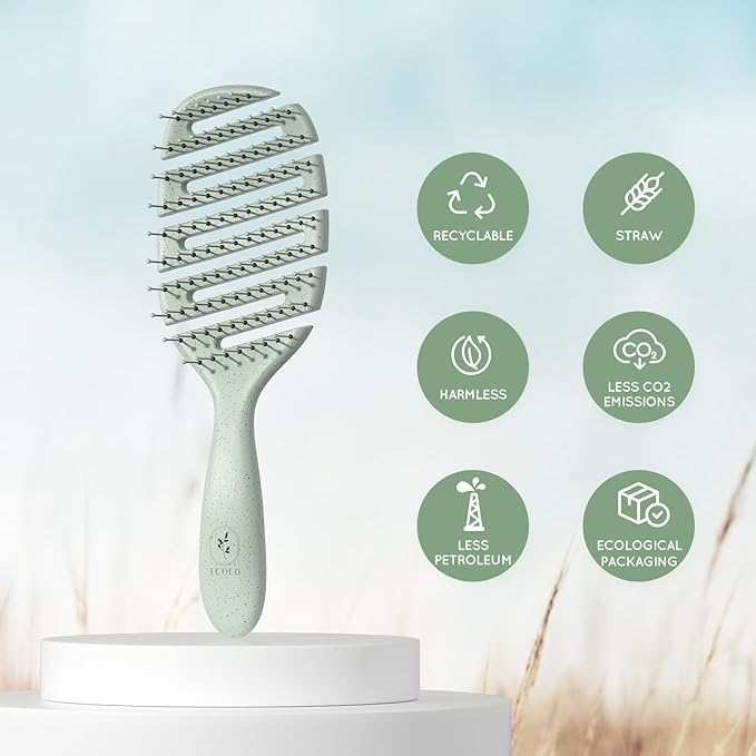 Ecoed Detangler Hairbrush, Soft Bristle Detangling Brush for Straight, Wavy, Curly and Fine Hair, Dry and Wet, Quick Smoothing for Women and Men, Eco-Friendly & Sustainable Material (Green)