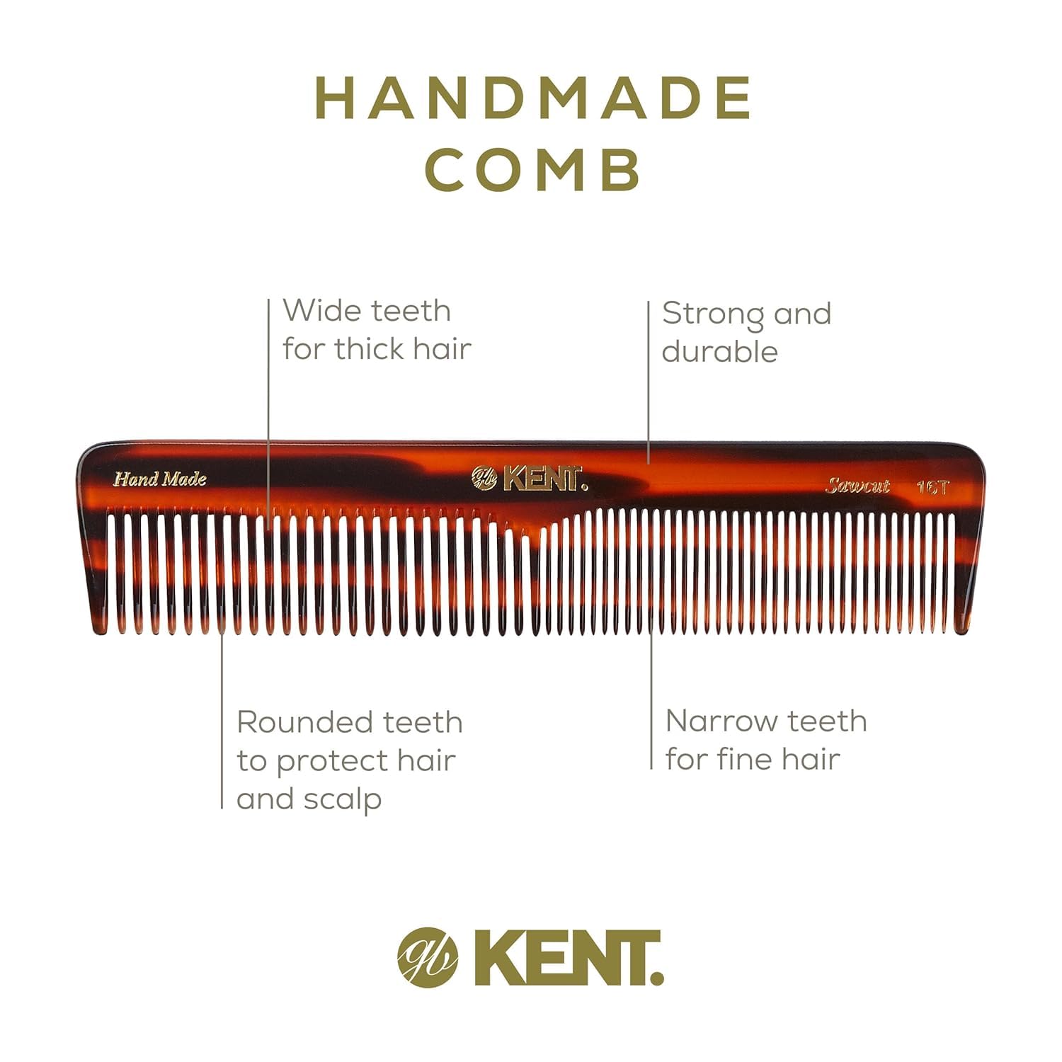 Kent 16T-16TG Fine Tooth and Wide Tooth Comb for Daily Grooming, Handmade Styling Comb for All Hair Types, Styling and Detangling Combs for Men and Women