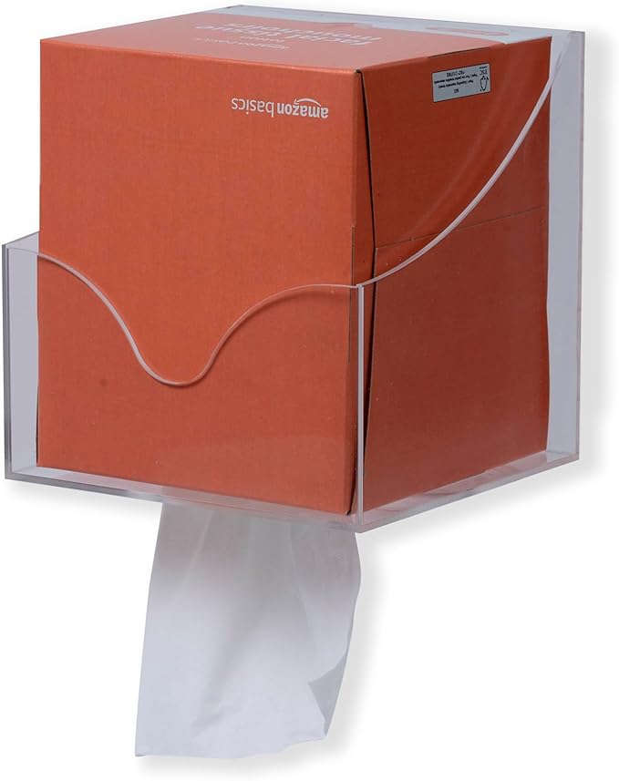 Facial Tissue Box Holder for Wall, Under Cabinet or Desk, RV, Bathroom, Small Spaces - Acrylic Wall Mounted Square Box Dispenser, Face Down or Sideways in Tight Areas