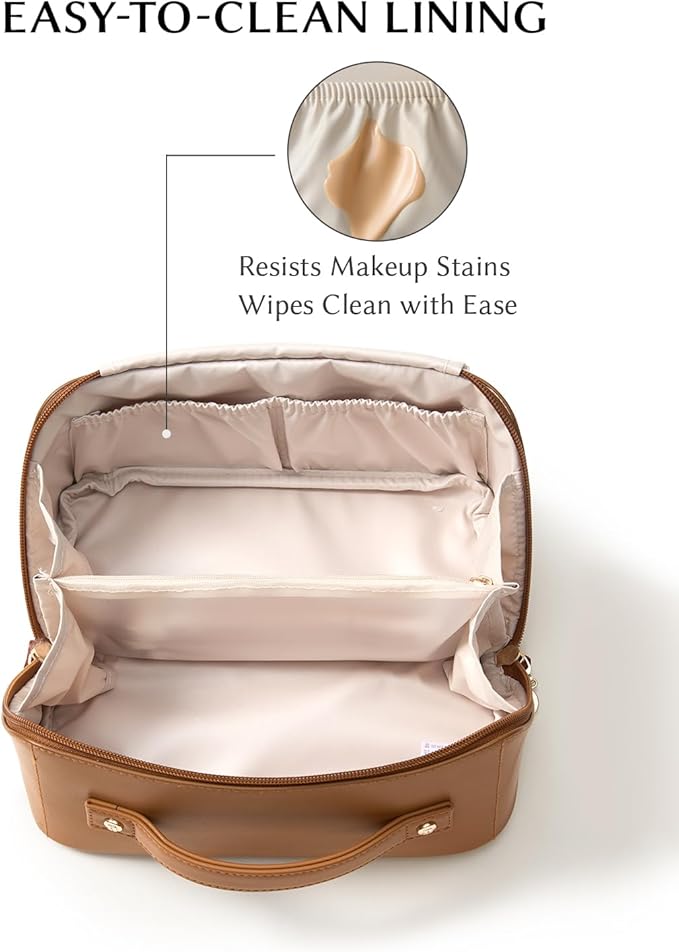 EACHY Travel Makeup Bag, 2.0 Cosmetic Bag for Women, Waterproof PU Leather,Flat Open Portable Toiletry Bag for Skincare, Brushes & Travel Essentials