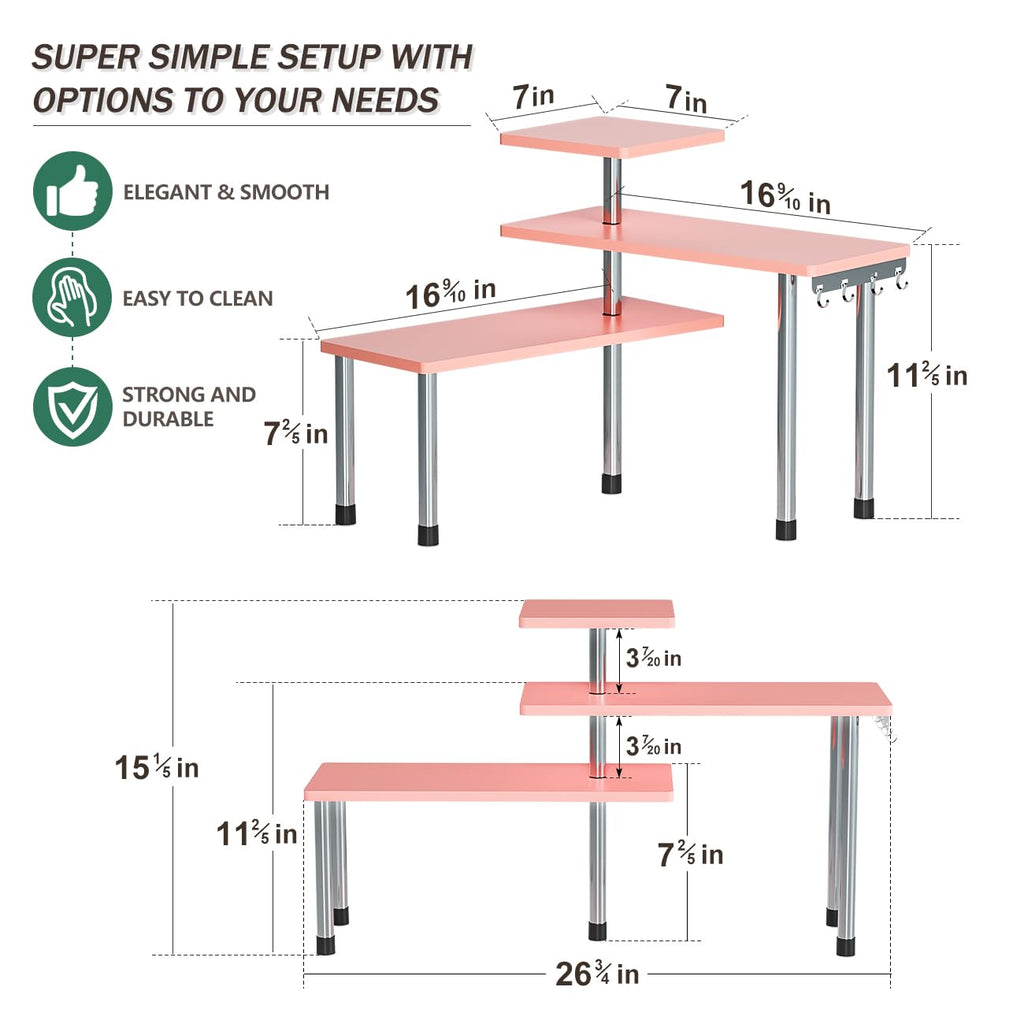 ZHWS Bathroom Counter Organizer Corner Shelf – Bathroom Organization Bamboo 3 Tier Spice Rack Makeup Organizer Bookshelf Space Saving Rack Kitchen Office Living Room (Pink)