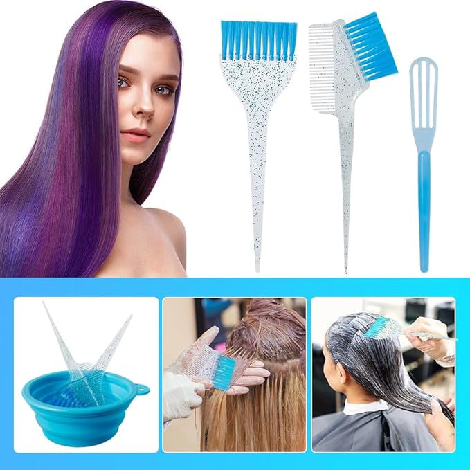 MOONMINI Hair Dye Color Brush and Bowl Set, Color Bowl Brushes Tool Mixing Bowl Kit Tint Comb for Hair Tint Dying Coloring Applicator (Light Blue&Clear)