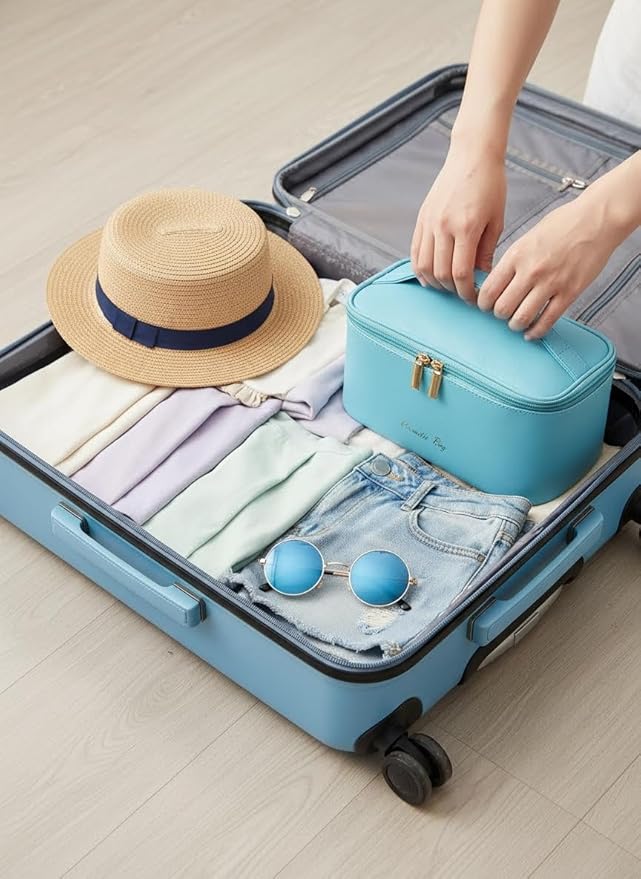 Meiyuuo Travel Makeup Bag for Women, PU Leather Cosmetic Bag, Bright Blue