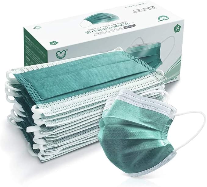 4 Ply Disposable Face Mask Protective(50PCS), Elastic Earloops, Single Use- Green