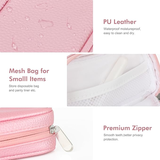 Teircno Portable Tampon Organizer, Beige PU Pouch with Handle and Zipper for Women's Period Bags