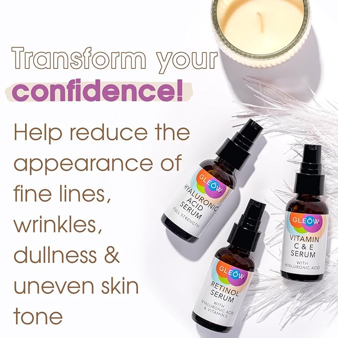 GLEOW Skincare Set: Retinol, Vitamin C, and 99% Hyaluronic Acid Serum, Face Serum Set Targets Appearance of Uneven Skin and Dryness, Total Package Serum Set 3x1 oz