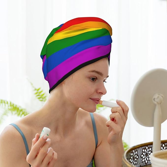 Gay Pride Rainbow Hair Towel Wrap Microfiber Fast Drying Hair Turban with Buttons for Women Drying Curly, Long & Thick Hair