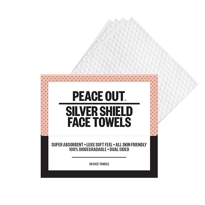PEACE OUT Silver Shield Face Towels, Disposable Facial Towels for Sensitive Skin, Silver Citrate Infused, Dual Sided, Super Absorbent, Biodegradable, 30 Count