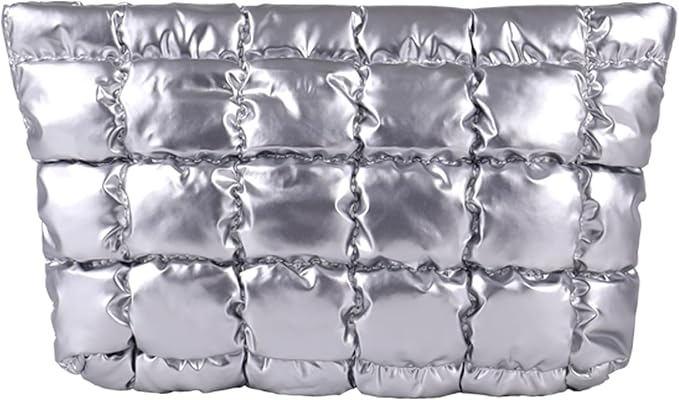 HFLZBRO Puffy Quilted Makeup Bag, Cosmetic Bag, Travel Toiletry Organizer Pouch, Clutch for Women (Silver)