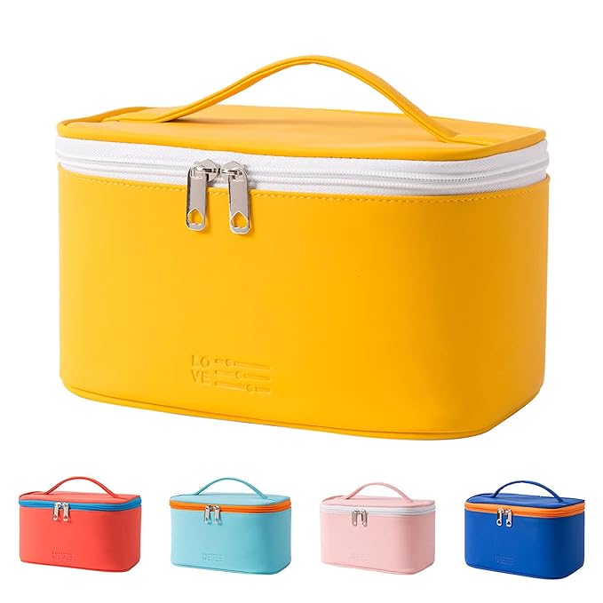 Meiyuuo Travel Makeup Bag for Women, PU Leather Cosmetic Bag, Yellow
