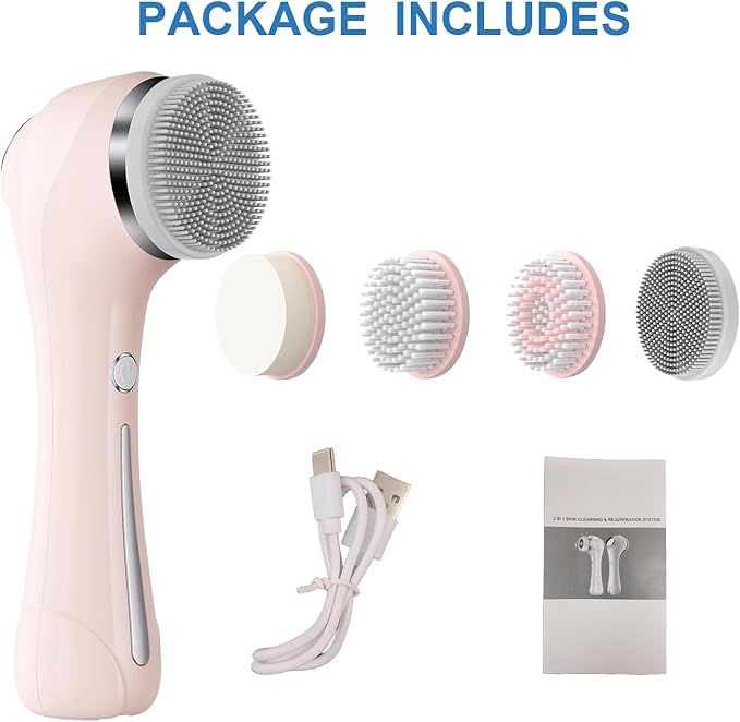 Facial Cleansing Brush, 2 in 1 Ｗaterproof IPx7 Facial Spin Scrubber Set with 4 Brush Heads, Rechargeable Exfoliating Face Brush Deep Cleansing, Gently Exfoliate and Remove Blackhead (Pink)
