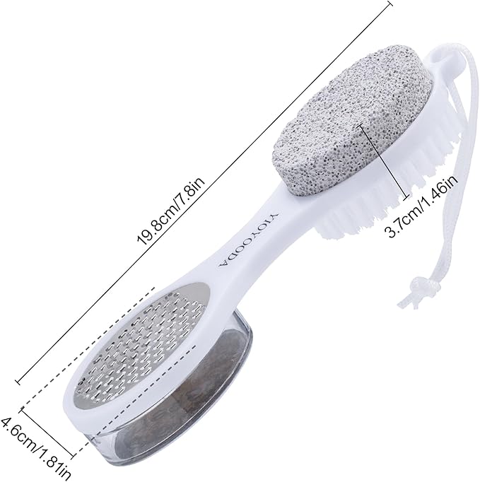 Foot Scrubber Brush with Pumice Stone for Feet 5-in-1, 2Pcs Foot File Callus Remover, Stainless Steel Feet Scraper, Cleaning Brush & Sand Paper Debris Catcher, Multi Purpose for Home Foot Care, White
