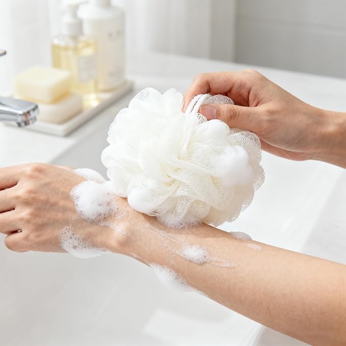 2 Pcs 2 in 1 Loofah Washcloth Combo, Soap Bar Loofah, Exfoliating Shower Pouf with Bar Soap Pocket for Bathing, Cleansing and Smooth Skin (Beige, Purple)