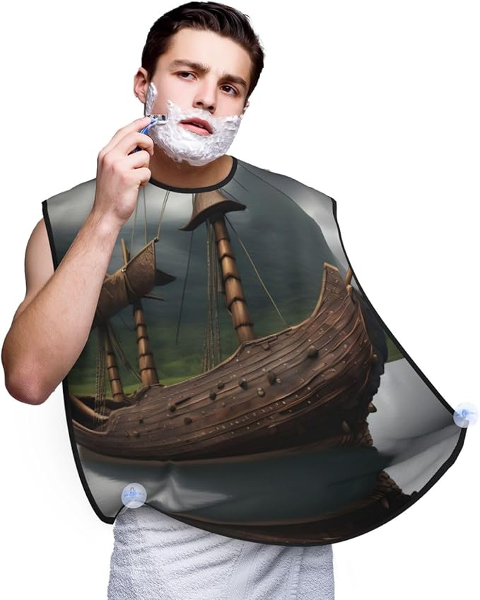 Viking Boat Print Beard Bib Apron For Men, Beard Hair Catcher For Men Shaving Trimming,Beard Cape Cloth