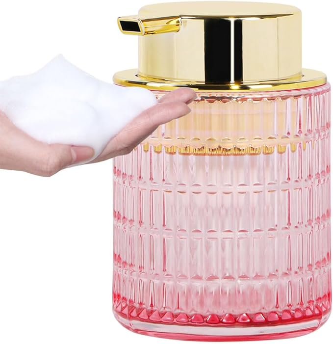 Tonxus Foaming Soap Dispenser, Pink Glass Foam Soap Dispenser for Bathroom and Kitchen, 10 Oz Refillable Foaming Pump Bottle with Large Pump, Ribbed Bottle Container Decor