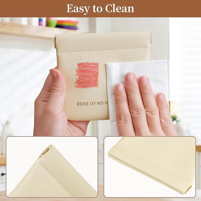 MEIBOOCH 2 Pack Small Makeup Bag for Women, New Organosilicon Super Fiber PU Leather Mini Cosmetic Bag for Travel, Coin Purse Organizer Storage Pouch (Printed with Phrase, Beige)