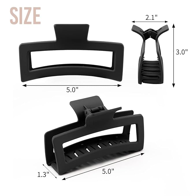 ZYTJ 5 Inche Black Extra Large Claw Clips for Thick Hair and Long Hair, 4 Pack Xl Jumbo Claw clips, Oversized Matte Non-slip Rectangle Hair Clips for Women, Big Strong Hold Jaw Clip