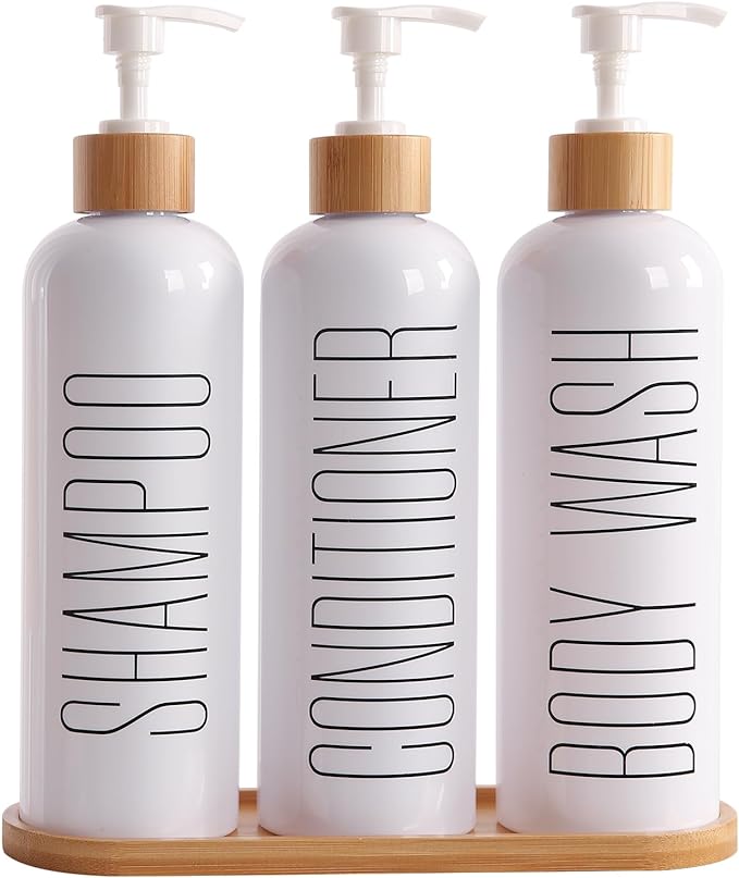 Prus Waso Shampoo and Conditioner Dispenser, Contains Shampoo Conditioner Body Wash Dispenser. Shower Soap Dispenser with Bamboo Pumps & Tray, Perfect for Modern Bathroom Decor. (White)