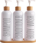 Prus Waso Shampoo and Conditioner Dispenser, Contains Shampoo Conditioner Body Wash Dispenser. Shower Soap Dispenser with Bamboo Pumps & Tray, Perfect for Modern Bathroom Decor. (White)