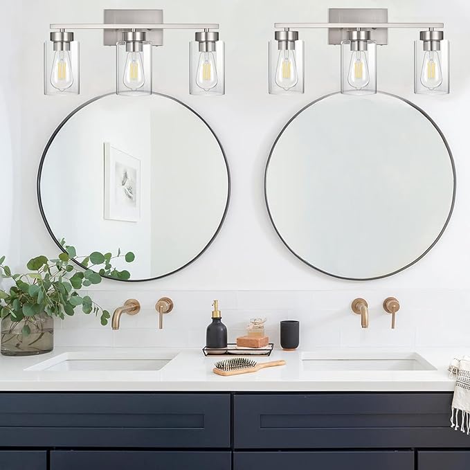 A1A9 3-Light Bathroom Vanity Light, Modern Brushed Nickel Wall Lights with Clear Glass Shades, Bathroom Wall Sconce Lamp for Mirror Living Room Bedroom Hallway