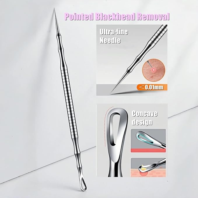 Blackhead Remover & Pimple Extractor Kit Dual-Ended Skin-Friendly Design for Sensitive Skin Professional Pore Cleanse & Acne Home Facial Care Tools with Stainless Steel Scraper (Purple-with Needle)