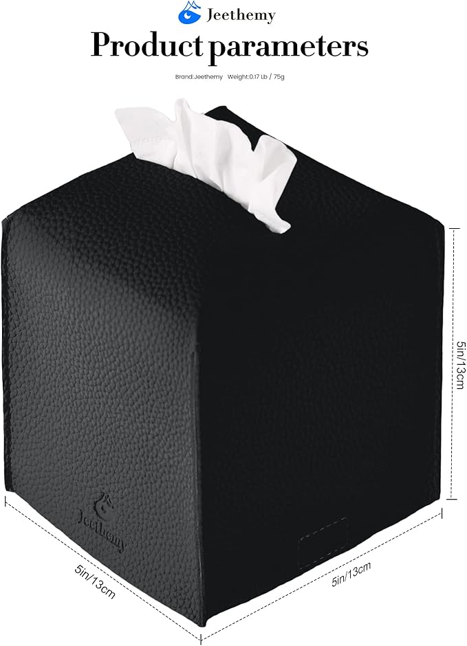 Tissue Box Cover, Jeethemy Square PU Leather Tissue Box Holder, Modern Tissue Case Facial Paper Organizer Dispenser，5X5X5'',Single Black