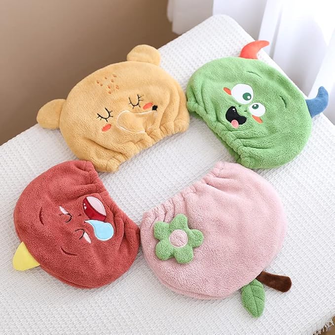 Hair Drying Towel for Kids Girls, Cute Cartoon Absorbent Quick Drying Bath Wrap Set for Bathing, Swimming Pool, Soft Microfiber Cap for Curly Long & Wet Hair, Pink Flower