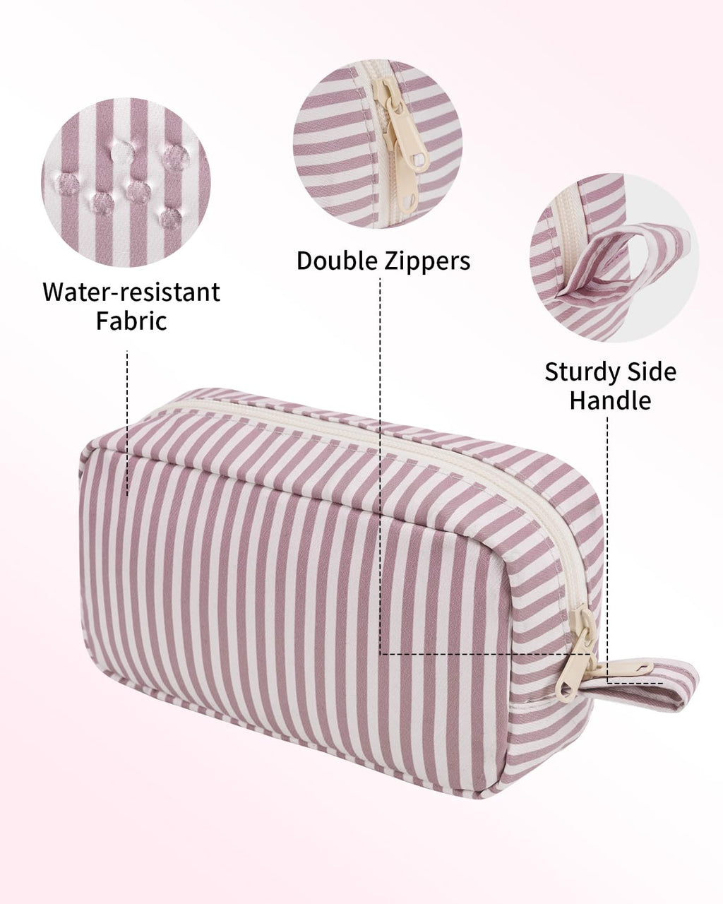 Narwey Small Makeup Bag for Purse Travel Makeup Pouch Mini Cosmetic Bag Zipper Pouch for Women (Dusty Rose Stripe, Small)