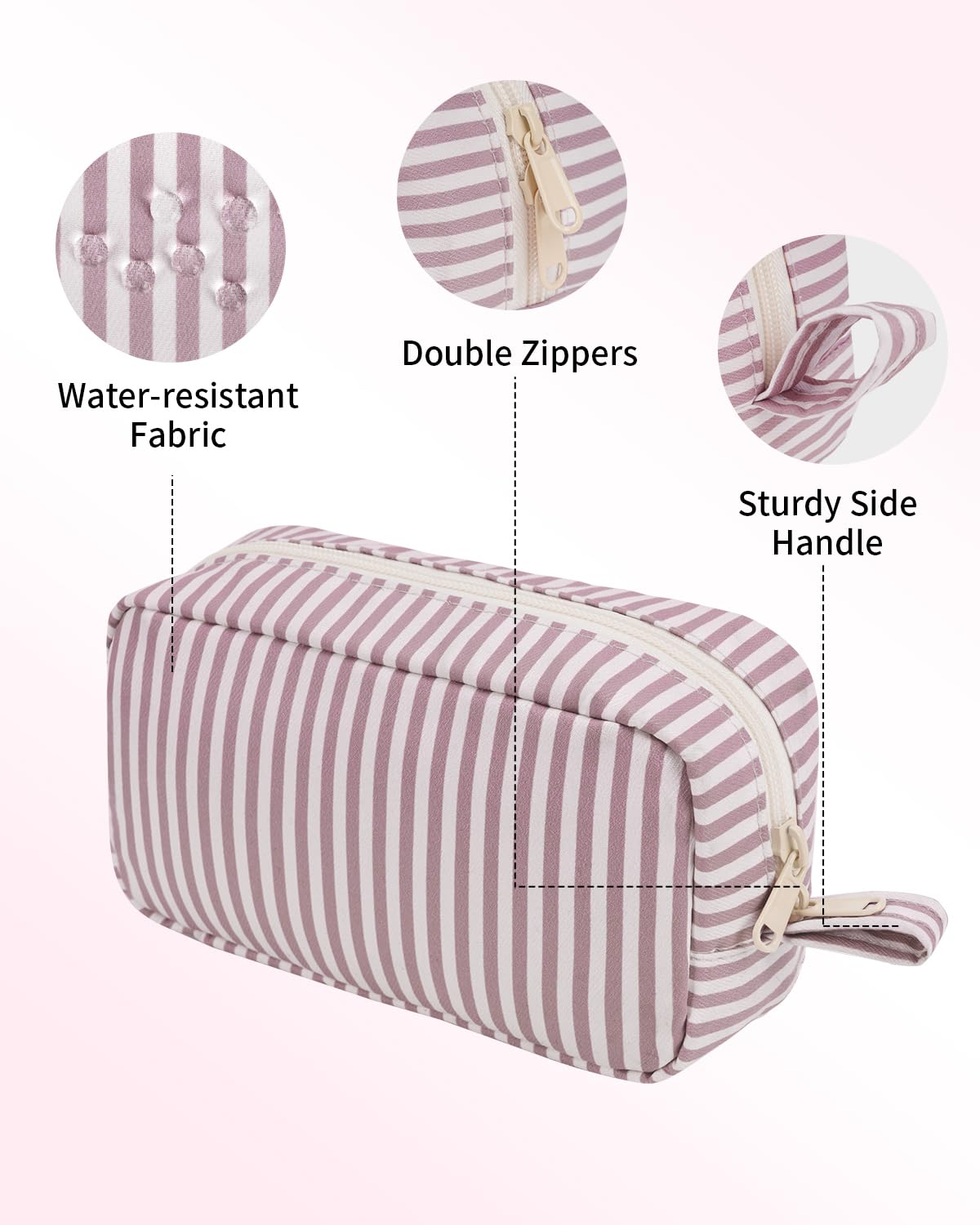 Narwey Small Makeup Bag for Purse Travel Makeup Pouch Mini Cosmetic Bag Zipper Pouch for Women (Dusty Rose Stripe, Small)