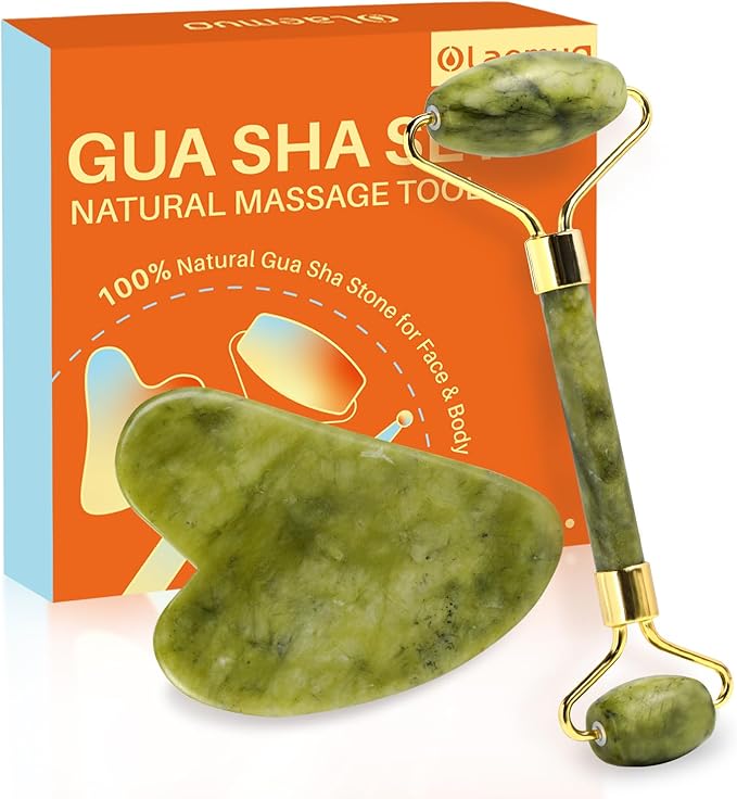 Olaemuo Jade Gua Sha and Face Roller, Real Jade Gua-Sha Stone Facial Tools Set for Reduce Puffiness, Body Guasha Tool for Relieve Neck Tension, Skincare Beauty Massager as Present for Women, Green