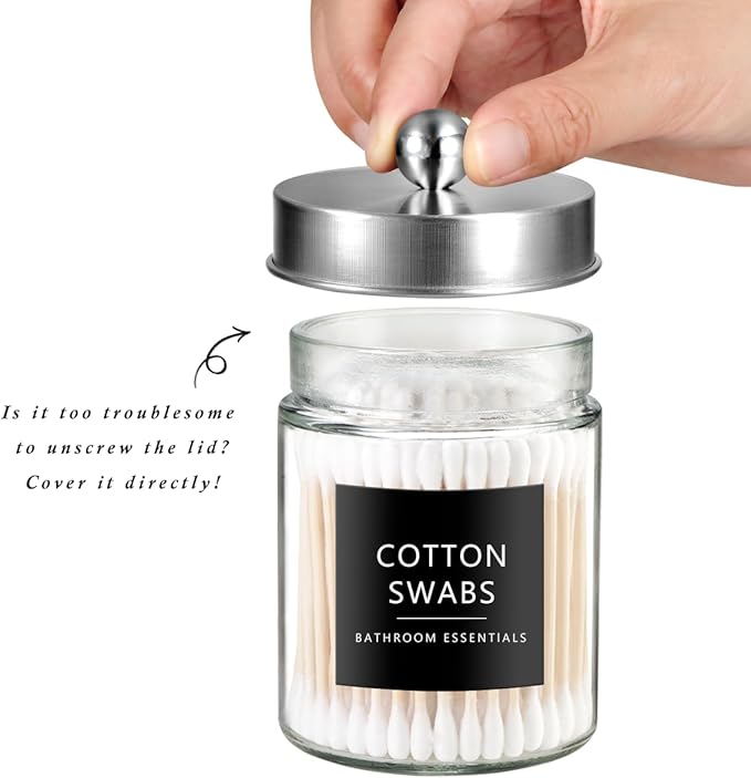 SheeChung 3-Pack Brushed Nickel Glass Apothecary Jars - Rust-Proof Stainless Steel Qtip Holder Set - Farmhouse Bathroom Vanity Organizer for Cotton Swabs, Balls, Pads - Small Storage Canisters