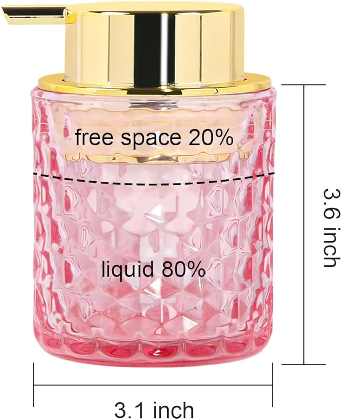 Fvstar 10 Oz Glass Hand Soap Dispenser with Pump, Refillable Bathroom Gold Foaming Soap Dispenser, Vintage Glass Diamond Lotion Container Bottle for Bathroom and Kitchen (1, Pink and Gold)
